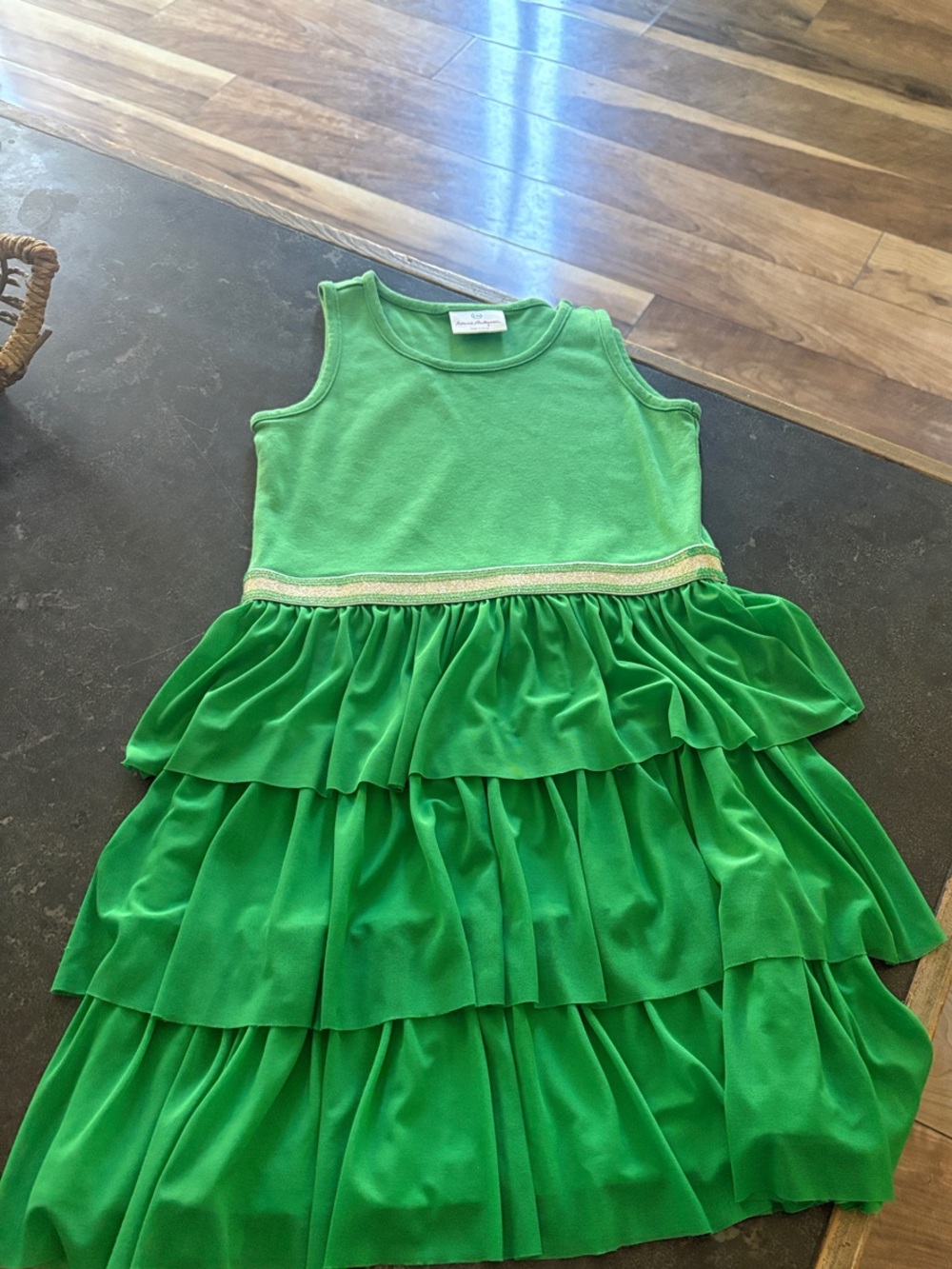 Green Tiered Ruffle Dress with Gold Waistband